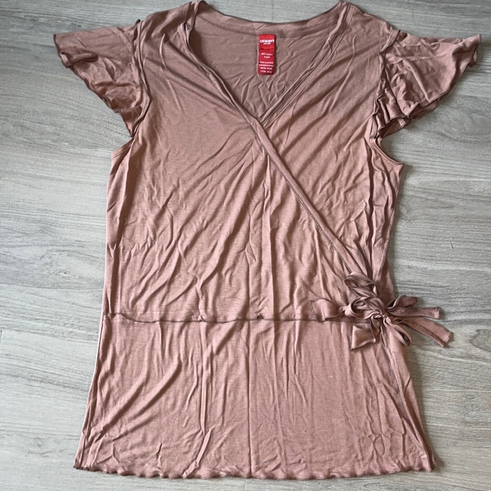Olsen Europe Tan Short Sleeve Wrap Tunic Top